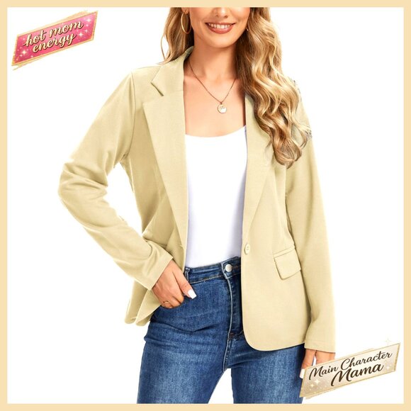 Long Sleeve Jersey Knit Blazer Notched Lapel Casual Work Office Jacket Pockets